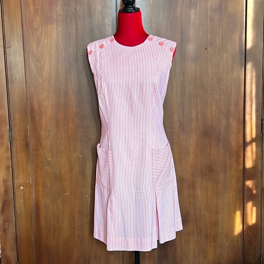 60s 70s Seersucker Candystripe Shift Dress M